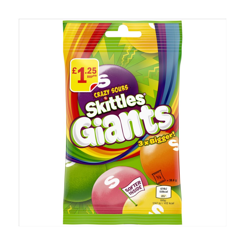 Skittles Giants Vegan Chewy Sour Sweets Fruit Flavoured Treat Bag   109g 116g × 14 × 1