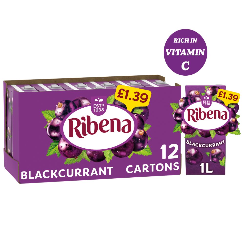 Ribena Blackcurrant Juice Drink 1L Carton  1Ltr × 12 × 1