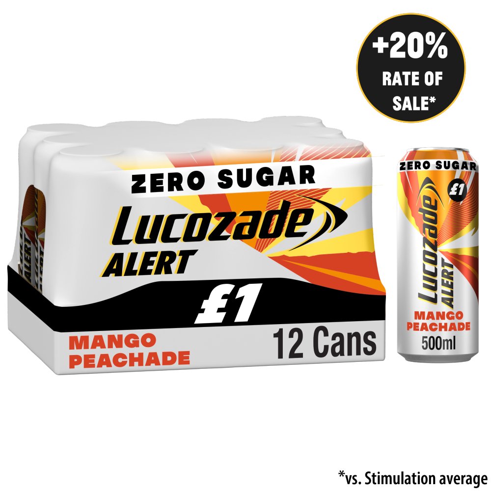 Lucozade Alert Zero Mango & Peach Caffeine Energy Drink 500ml   500ml × 12 × 1