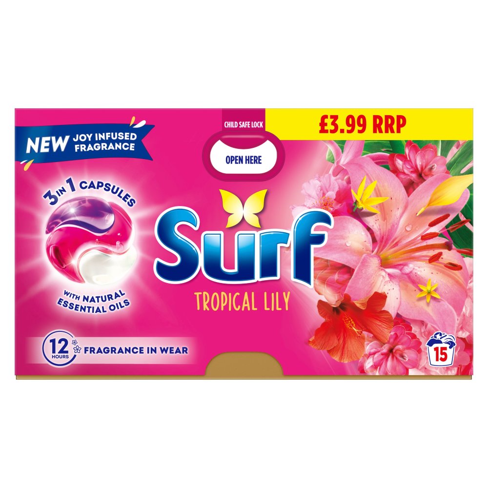 Surf 3 in 1 Laundry Washing Detergent Capsules Tropical Lily 15 washes 15Wash × 4 × 1