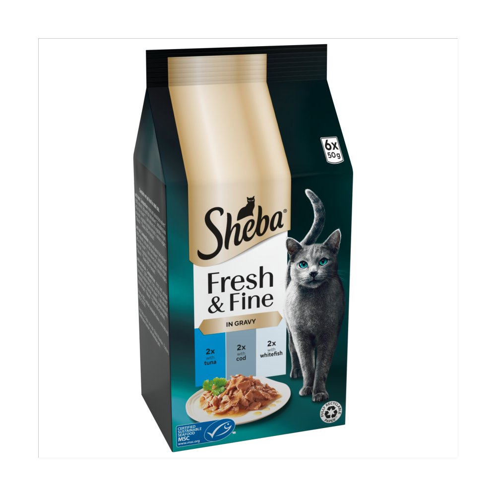 SHEBA® Fresh & Fine Adult Wet Cat Food Tuna and Cod in Gravy 6x50g Pouches 50g × 8