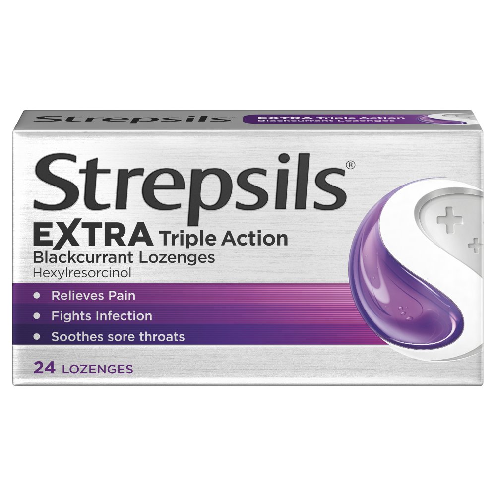 Strepsils Extra Triple Action Blackcurrant Lozenges 24 Lozenges 24s × 6 × 1