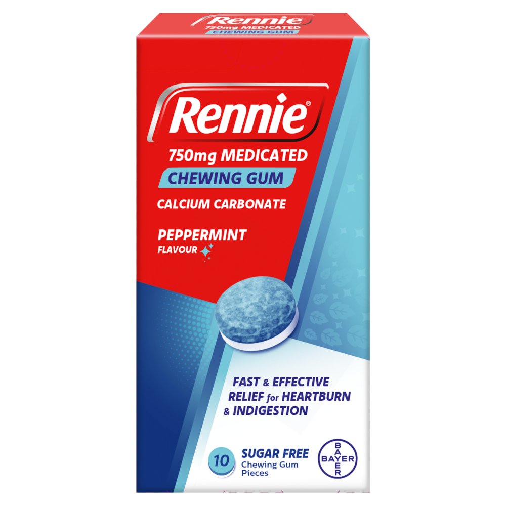 Rennie 750mg Medicated Chewing Gum Peppermint Flavour 10s × 6 × 1