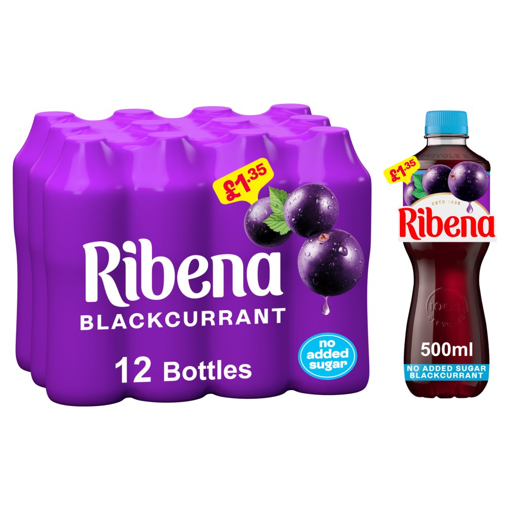 Ribena Blackcurran No Added Sugar Juice Drink 500ml 500ml × 12 × 1