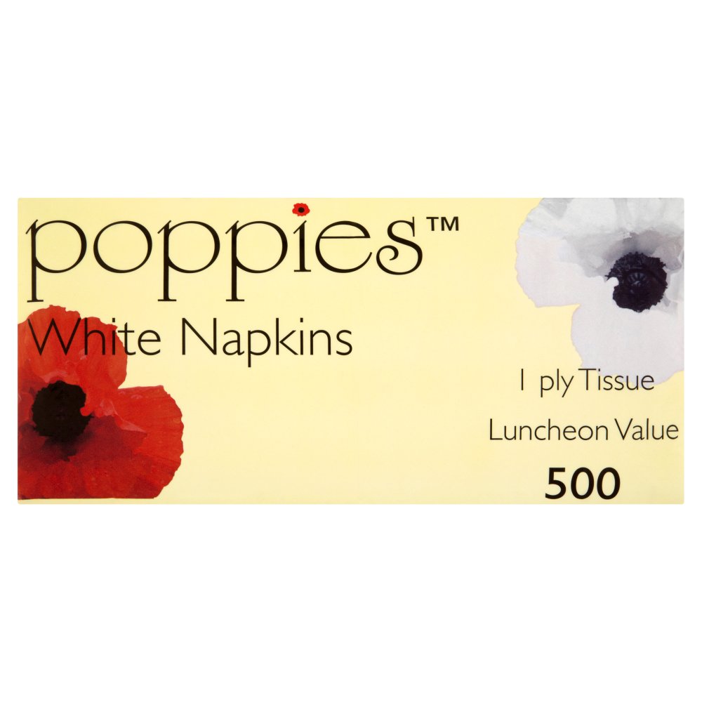 Poppies Luncheon Value White Napkins 1 Ply Tissue x 500 Sheets 500s × 1