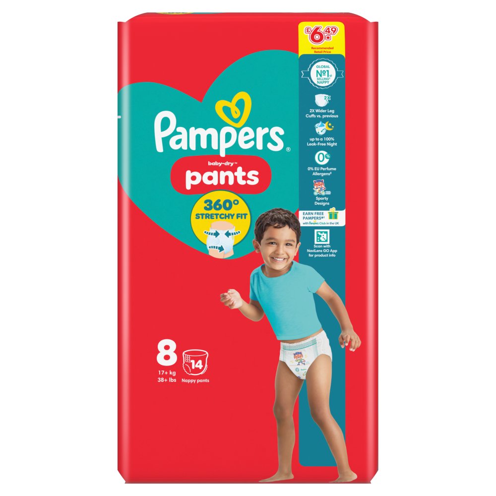 Pampers Baby-Dry Nappy Pants Size 8, 14 Nappies, 17kg+, Carry Pack 49 × 4 × 1