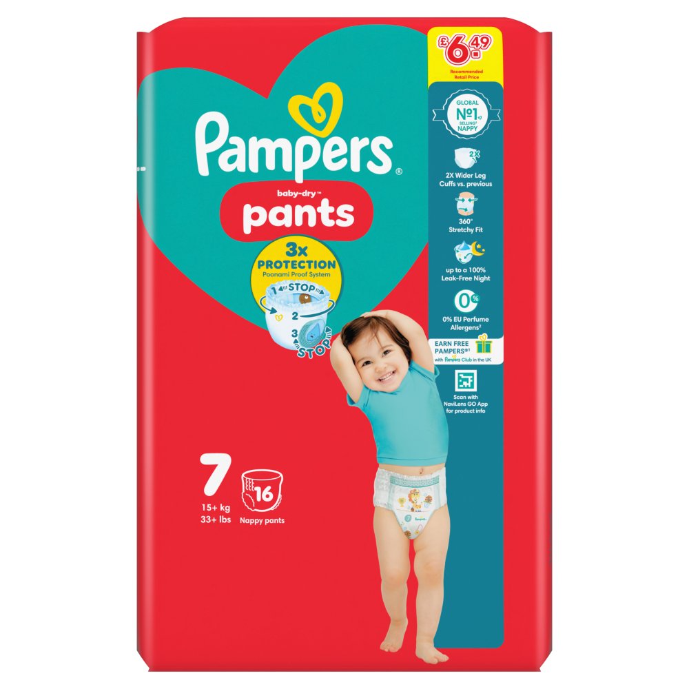 Pampers Baby-Dry Nappy Pants Size 7, 16 Nappies, 15kg+, Carry Pack 49 × 4 × 1