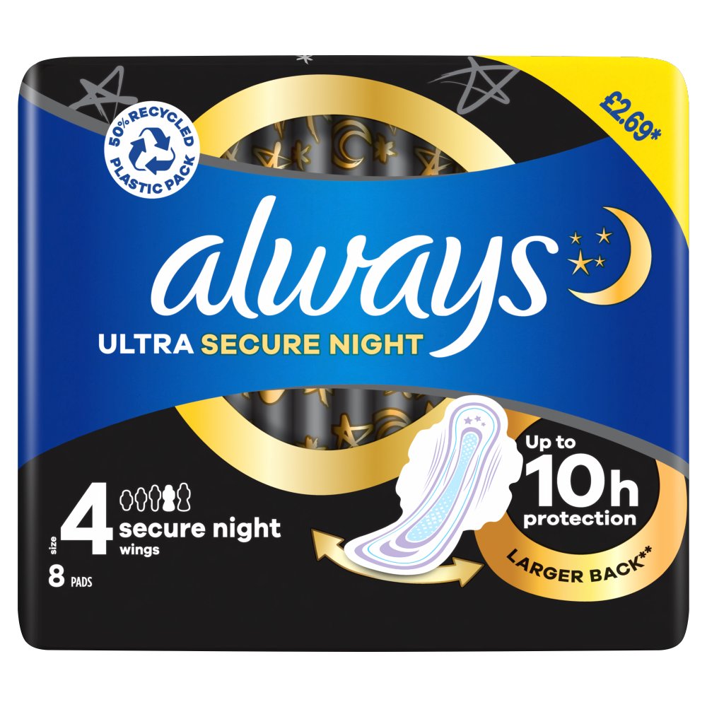Always Ultra Sanitary Towels Secure Night (S4) Wings x8 8s × 6 × 1
